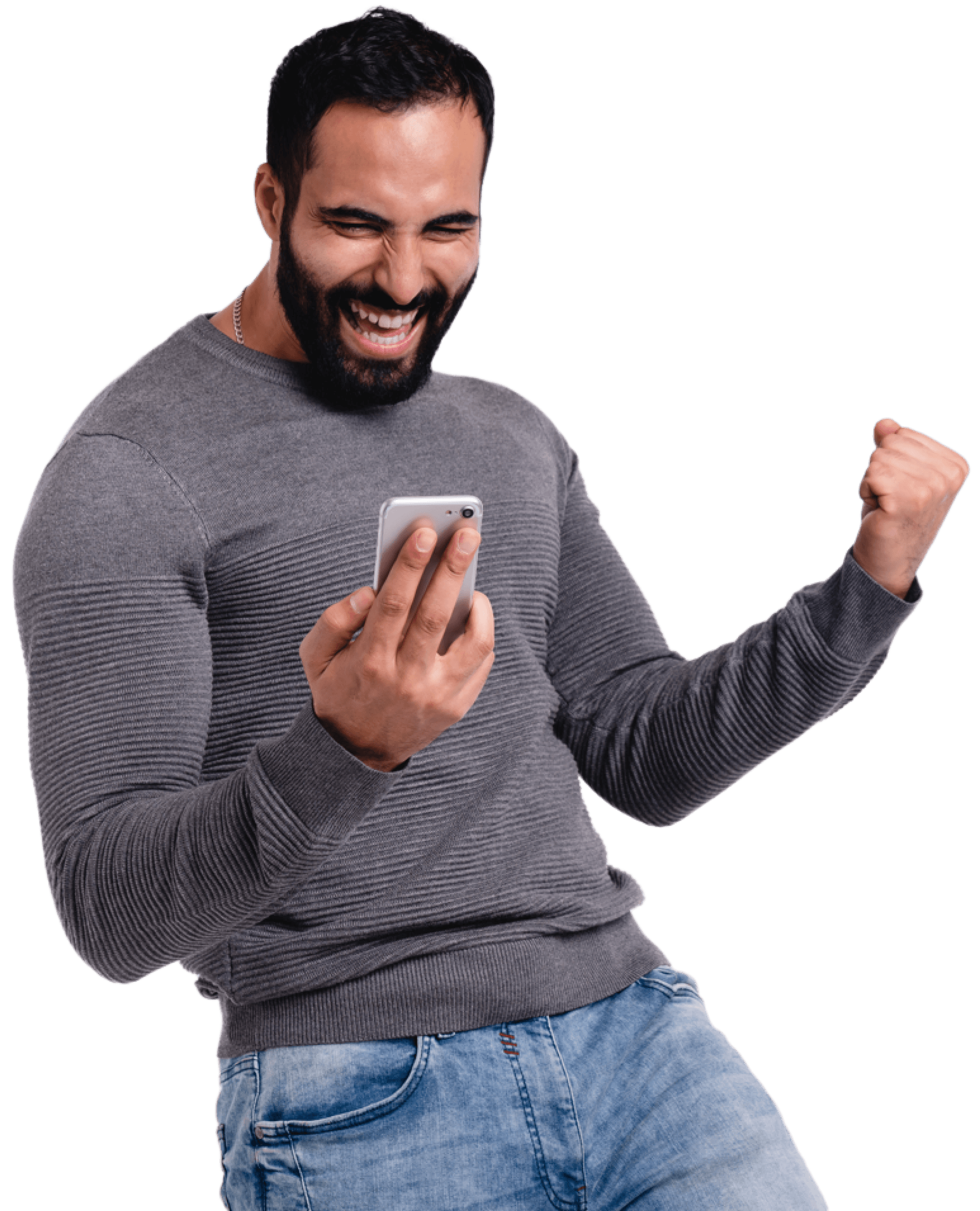 excited man looking at his phone 