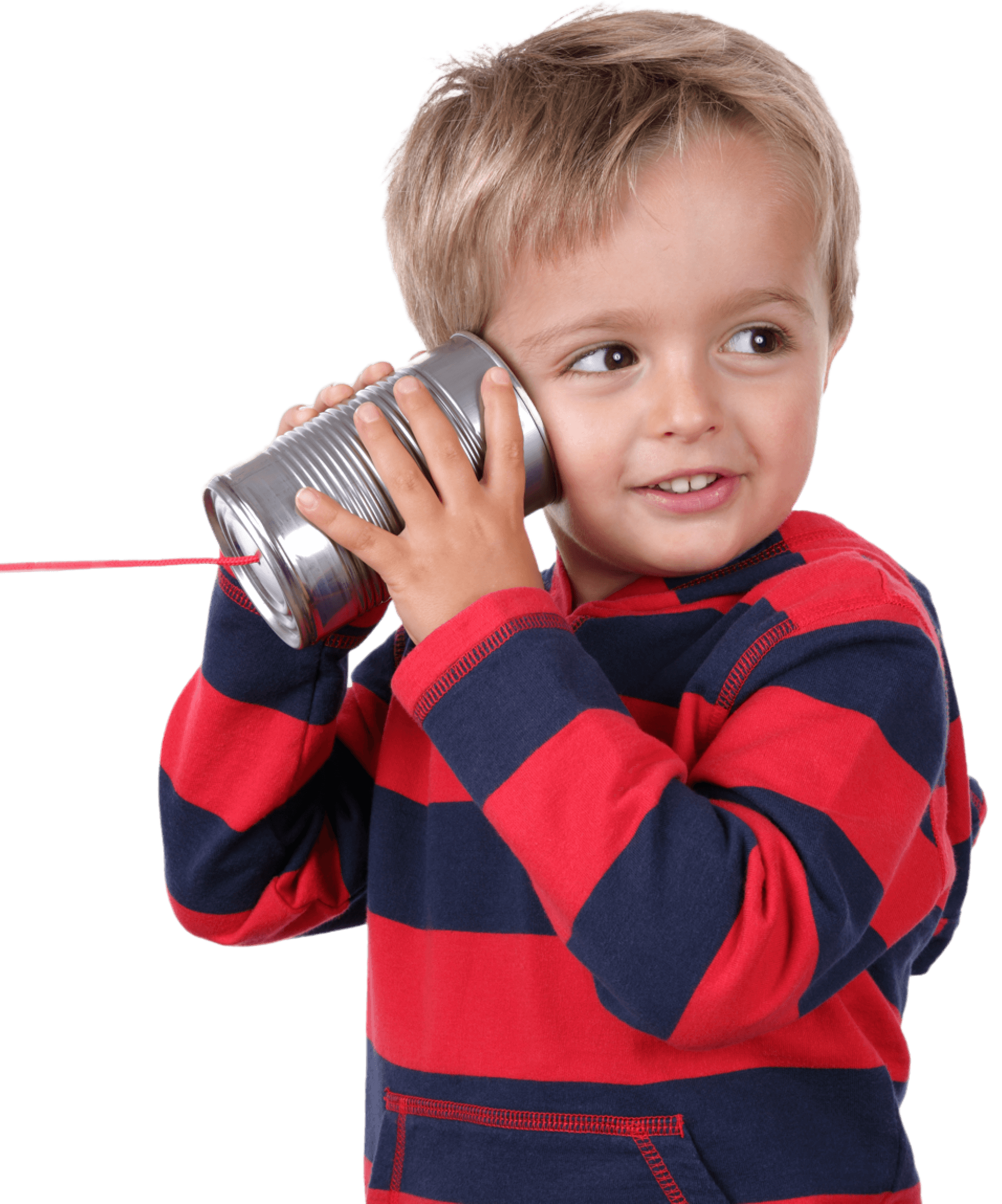 Boy listening to tin can with string.